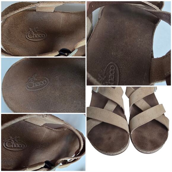 Chaco Women’s Wayfarer Size 7 Tan Suede Leather Sandals Criss Cross Strap Buckle - Picture 6 of 10